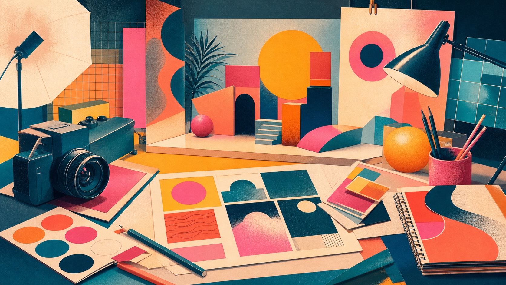 Retro-editoriale illustratie van een creatieve studio waar strategie, beeld en branding samenkomen