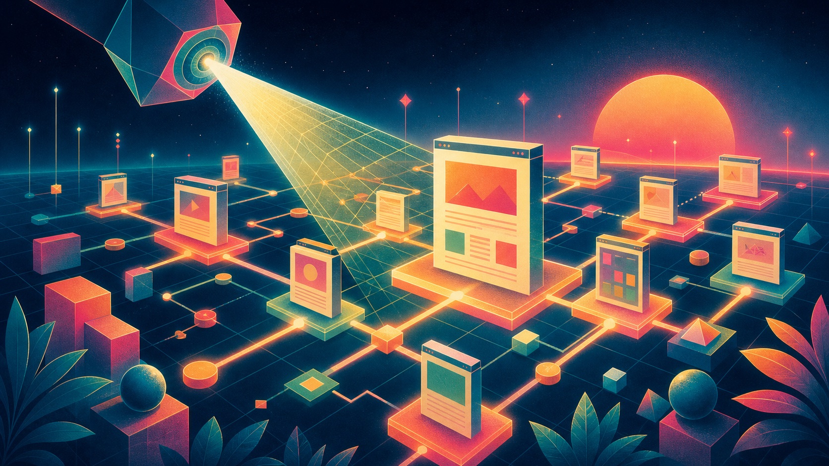Retro-futuristische illustratie van een website die door AI-systemen wordt verkend